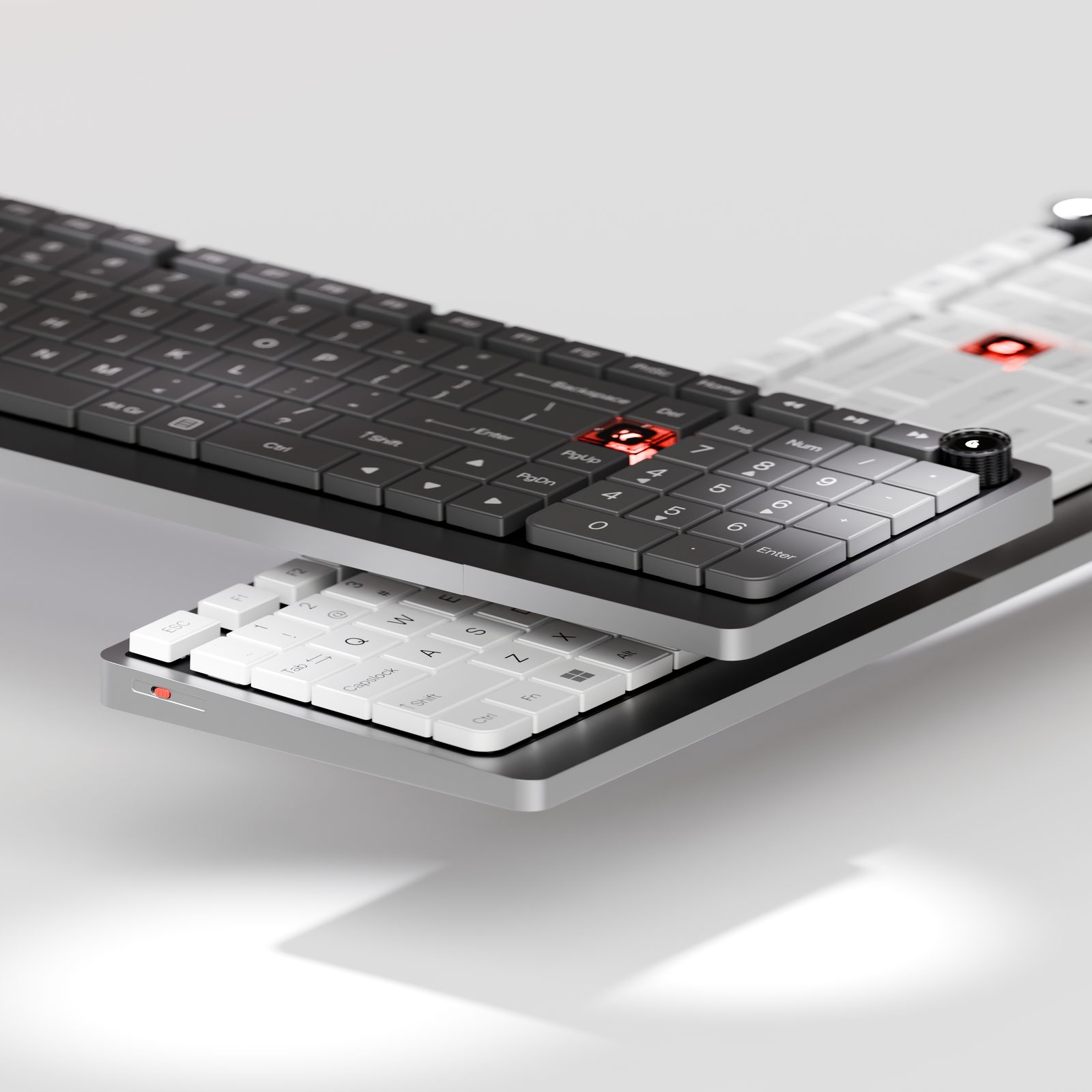 Keyboards floating in a bright studio
